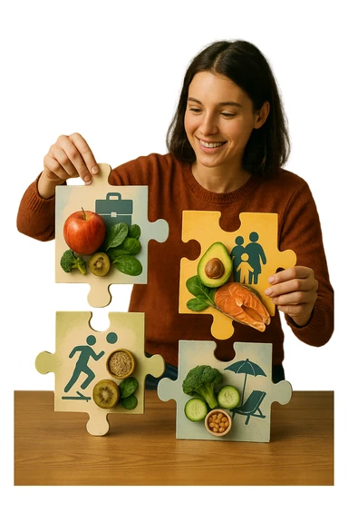 realistica cinematic photo a person is surrounded by puzzle pieces, each representing a different aspect of their life (work, exercise, family, leisure), and healthy foods are integrated into each piece. The person assembles the puzzle, creating a complete, personalized nutrition plan. The mood is uplifting and creative. in italiano sticker