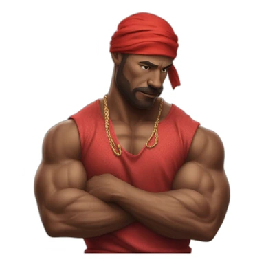 muscular man in red bandana standing sideways turns his head to face the viewer,his hand is bent in the elbow,torso sticker