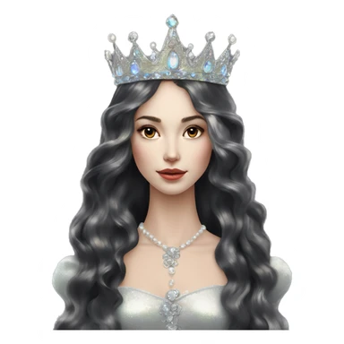 Regal pretty slender woman photograph defined cheekbones high cheekbones crown vintage with very long iridescent black and silver hair wavy long hair pearl crown iridescent sticker