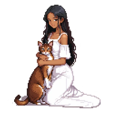 beautiful girl with long black hair in a white dress cuddling an Abyssinian cat with reddish-brown fur sticker