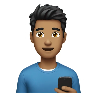 A young man with black hair, wearing a blue top, holding a phone in his hand. sticker