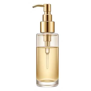 elegant semi-transparent pump bottle filled with pale golden to clear liquid, slightly glossy and lightweight, cylindrical bottle with curved pump top and clean lines, skincare product style, no label, no extras, soft lighting, subtle shadows, emoji scale sticker
