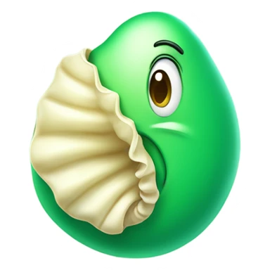 Green blob-shaped cartoon character holding a beige seashell, smiling mischievously on a pastel green background sticker