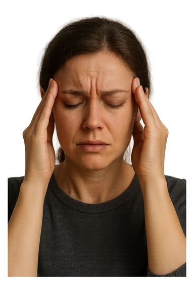 donna con  espressione ansiosa che si tocca le tempie con gli occhi chiusi, iperrealistiche 4k sticker