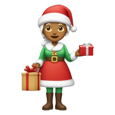 Mrs. claus wearing a red slack holding a gift  sticker