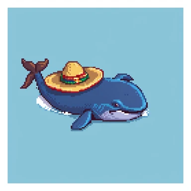 A blue whale with a colorful sombrero hat on its head, swimming in water sticker