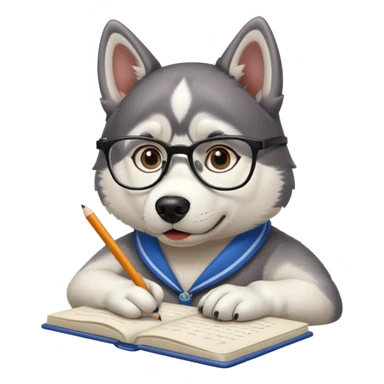 A husky dog with glasses is writing something sticker