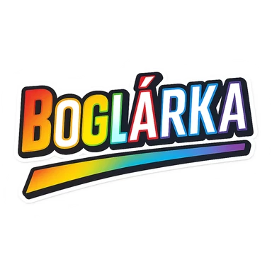The name 'Boglárka' in modern, precise Hungarian letters with a rainbow gradient fill, extra thick white outline, dark contour, transparent background, dynamic and slanted underline, in the style of the sample images. sticker