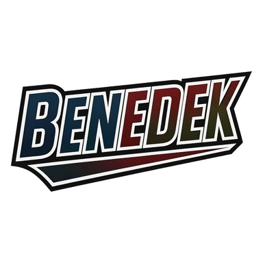 Benedek name in masculine, modern gradient font with precise Hungarian characters, dark contour, extra wide and prominent white letter frame as in reference images, dynamic slanted underline, masculine color shades (blue, gray, burgundy, green, brown), 1000x1000 px, PNG, transparent background sticker