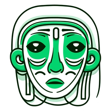Maya hieroglyphic facial expressions: happy, sad, surprised. Only dark green lines on white background, strict minimalist geometric style sticker