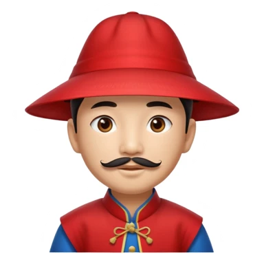 An Asian boy, with little straight mustache and a little beard wearing a traditional triangle Chinese hat sticker