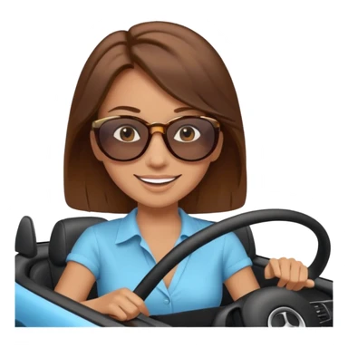 Brown hair woman driving car. Happy face sticker