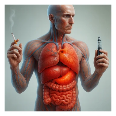 Medical illustration, hyperrealistic 4K, realistic anatomical human body, inflamed liver and intestine highlighted, holding a lit normal cigarette in the right hand and an electronic cigarette in the left hand, clear background, extremely detailed, same lighting and style as the reference image. sticker