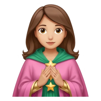 Mujer de piel morena, rostro sereno, manos juntas. Vestido rosa, manto azul verdoso con estrellas doradas. Resplandor dorado alrededor del cuerpo. sticker