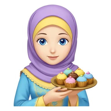 Turkish beautiful finish Konya girl blue eyes with lila yellow hijab islamic dress and had on her hand text Eid Mubarak with sweets and celebrating with her friends eid days   sticker