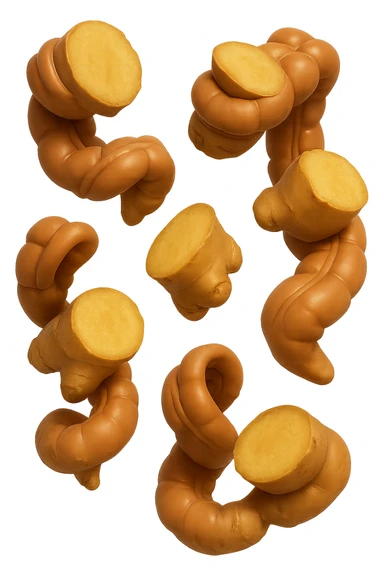 emoji stile iphone 3d di piccoli pezzi di zenzero che fluttuano in aria con pezzi di colon arrotolati intorno, iperrealistico 4k sticker