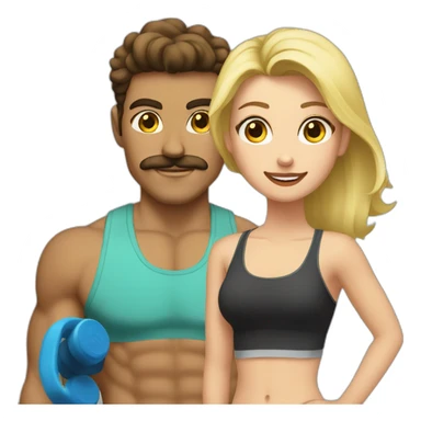 A guy with brown hair and a mustache going to the gym with a blonde girl sticker