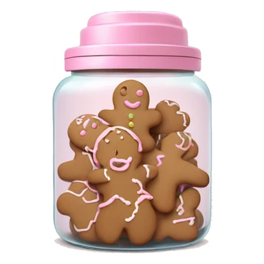 Realistic glass cookie jar with light pink lid full of gingerbread cookies isolated.  sticker