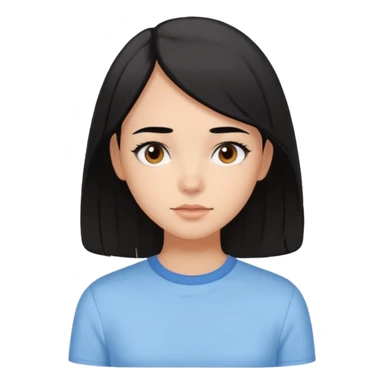 Emoji of a girl with black-brown long bob hair, fair tan skin, brown eyes, soft black eyebrows, pastel blue shirt, clean girl aesthetic, white background  sticker