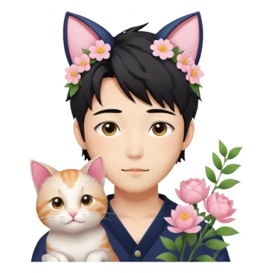 Gorgeous romantic anime style Asian formal modern shojo guy with cat ears and flowers and blushing face aesthetic trending style outside sticker