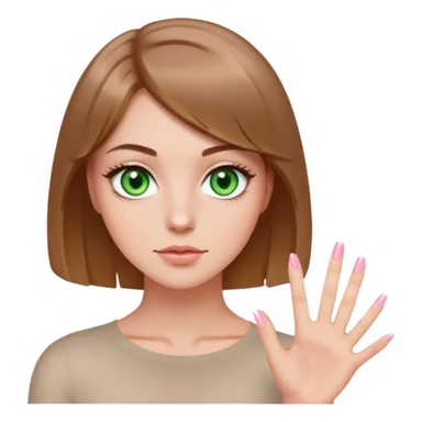 green eyes light brown hair white girl with short bob no bangs with a cosmo light pink nails sticker
