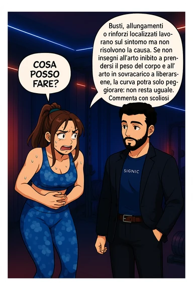 ispirati a questo stile di disegno e fai questa immagine in versione manga/webtoon a colori, il manga mostra la donna preoccupata che chiede: "COSA POSSO FARE?" E L'UOMO CHE RISPONDE: Busti, allungamenti o rinforzi localizzati lavorano sul sintomo ma non risolvono la causa. Se non insegni all’arto inibito a prendersi il peso del corpo e all’arto in sovraccarico a liberarsene, la curva potrà solo peggiorare; non resta uguale. Commenta con scoliosi e ti mando un esempio del lavoro da fare per recuperare simmetria ed eliminare il dolore. sticker