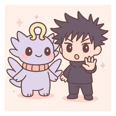 Add Megumi Fushiguro in a summoning pose next to Mahoraga in a cute and simplified chibi style, with both characters visible. sticker