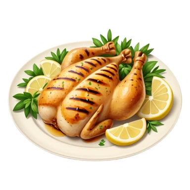 Draw a grilled chicken on a plate with herbs & lemon slices. sticker