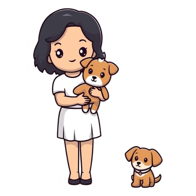 beautiful girl with long straight black hair wearing a white skirt holding a small brown curly teddy dog sticker