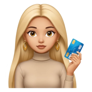 a pretty bratz fair indian girl wearing a beige turtleneck, golden earrings, straight ling hair, holding bank cards sticker