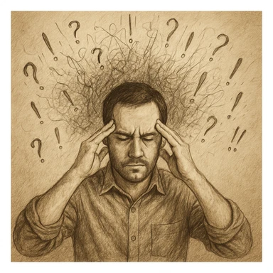 Realistic or illustrative style image of a 30-year-old man suffering from anxiety, inspired by the reference image. The man has hands on his temples with a tense and worried expression. The background features graphic signs representing chaotic thoughts, conveying an atmosphere of mental discomfort. sticker