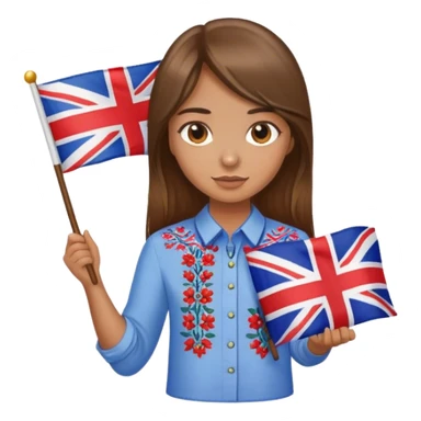 A Ukrainian girl with brown hair wearing an embroidered shirt holds a British flag sticker