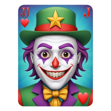 1 poker card, perfectly squared card, with crazy colorful human jolly joker inside, star symbol with a "J" sticker