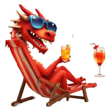 a dragon in sunglasses drinks a cocktail from one glass on the beach while sitting in a red sun lounger sticker