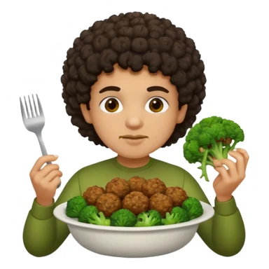 Grillo con capelli ricci scuri che mangia broccoli bolliti e polpette sticker