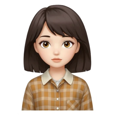 A fair, neutral-toned girl with dark brown layered hair (medium length, curtain bangs) and almond-shaped brown eyes. Doll-like makeup with soft brows, manhwa lashes, and normal lips. Oval face. Wearing an off-white checkered shirt, baggy pants, and minimal silver jewelry. sticker