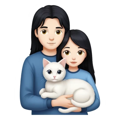 A young boy and a girl with long black hair holding a white cat sticker