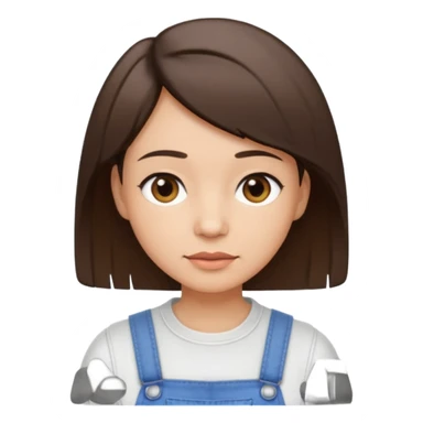 create an emoji of an adult woman with some faint wrinkles but with short straight brown hair, light skin, dark brown eyes and white top with an overall sticker