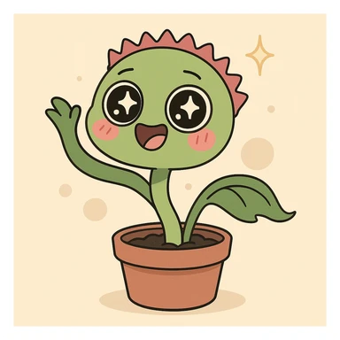 playful kawaii venus flytrap, waving leaf, sparkly eyes, simple background sticker
