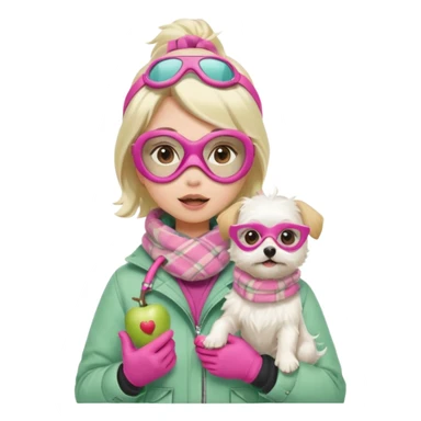 female character in cozy winter outfit, soft pastel green jacket, beige plaid scarf, snorkel mask with pink detailing, holding cute white Maltese dog, surprised expression, bright and clear, Apple emoji style sticker