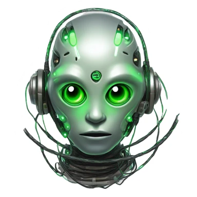 Round Alien cyborg head with glowing wires and green eyes  sticker