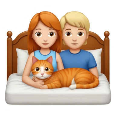Girl with brown hair. Boy with blonde hair. In a bed. With an orange cat. sticker