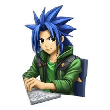 developer behind his laptop with this style :  yu-gi-oh manga anime with hacker themed character sticker