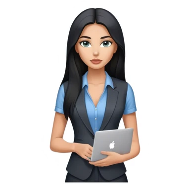 Glamours tanned very beautiful girl with pump peach nude lips and black straight smooth long hair, blue-grey eyes in beautiful v-neck black vest from the suit (short sleeves) no blazer and no anything under the vest, only vest with MacBook sticker