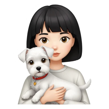 Girl with short black hair and bangs holding a white schnauzer dog sticker