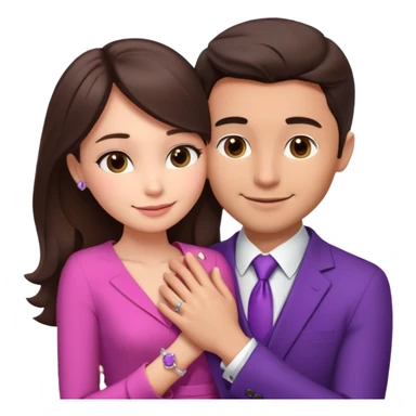 Brunette girl, with an engagement ring on her finger hugging a handsome man, (her boyfriend) both of them happy, she’s wearing a pink dress, he is wearing a suit, he’s also a rich businessman, and there is the 💜 purple heart emoji on top. They look in love with each other sticker