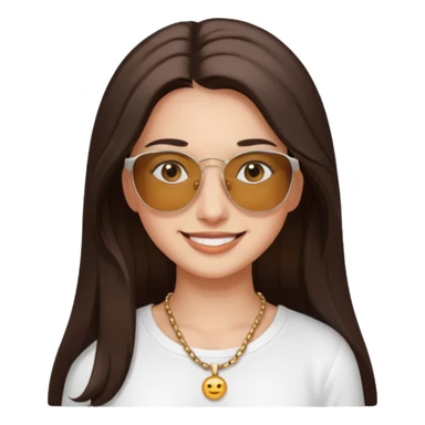 young woman with long dark brown hair, dark eyes, fair complexion, smiling, wearing white long-sleeved shirt, necklace, sunglasses on head sticker