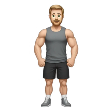 Full height realistic Actively gesturing with hands Pale skinned Fit Man With the biceps and brown hair in dark gray Sleeveless Mike, black oversize sports shorts, watch and white Sneakers sticker