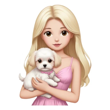 Blonde long hair brown eyes woman with white maltese puppy with pink dress sticker