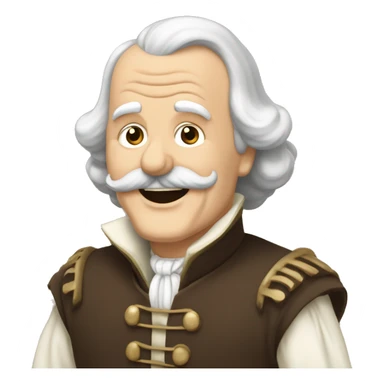 Short pudgy old man over enthusiastic happy excited face bald forehead long wavy gray and brown brunette long wavy hair moustache Shakespearean dress vintage clothes hamlet small arms sticker